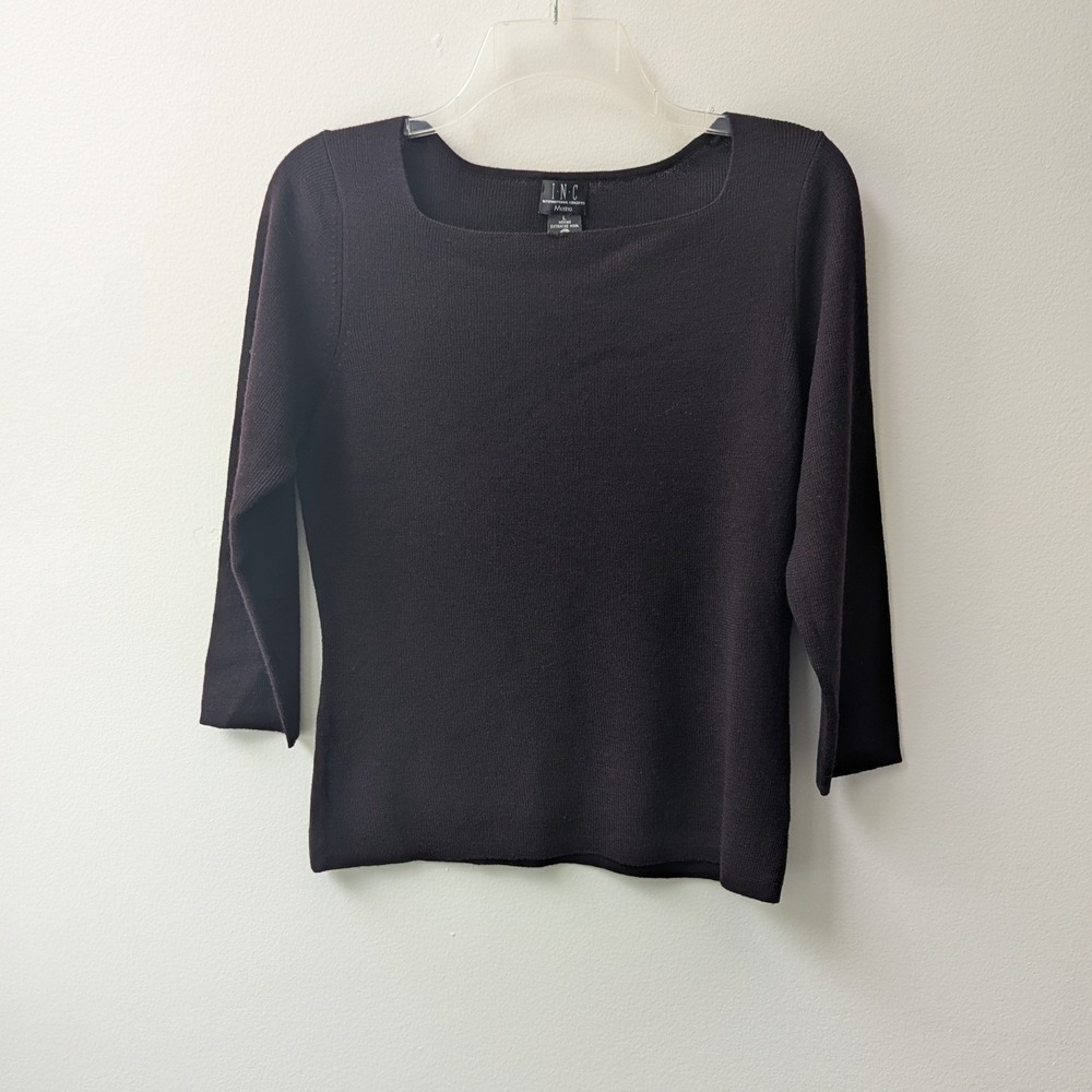 Vtg Sweater Brown Merino Wool 3/4 Sleeve Sz L Minimalist Square Neckline Chic
